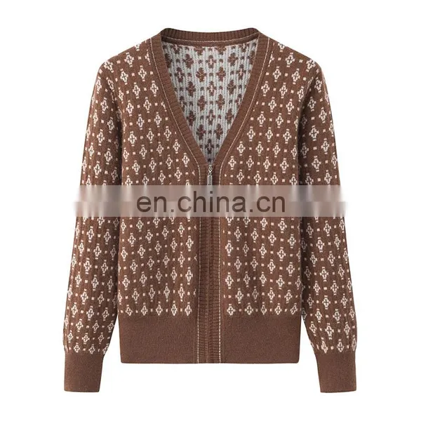 Custom Women's Loose Full Zip Floral Jacquard Lady Cashmere Sweater Casual Winter Style Knitted Top photo-6
