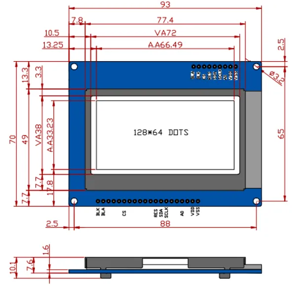 12864 LCD screen, low-power 12864 dot matrix COG display module, Parallel/SPI interface choose Dimensions:93*70MM