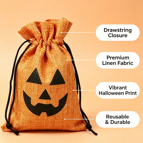 Halloween Linen Drawstring Bag Pumpkin Jack-o'-lantern Candy Treat Bag Party Favor Gift