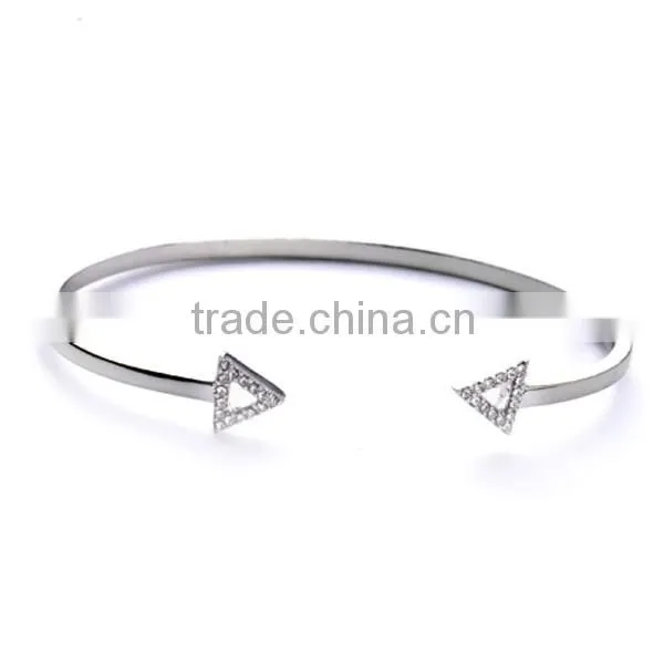 Wholesale delicate silver rhinestone triangle open cuff bangle