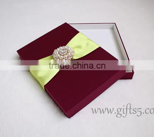 Custom Burgundy Wedding Invitation Boxes With Brooch in Handmade photo-4