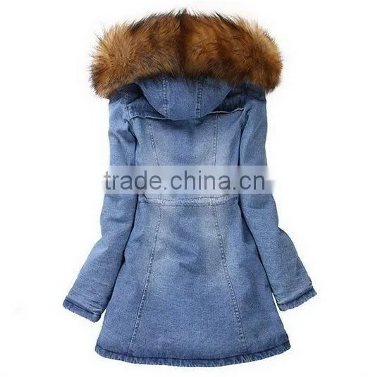 Top Design Women's Fur Hooded Denim Jacket Jeans Coat photo-2