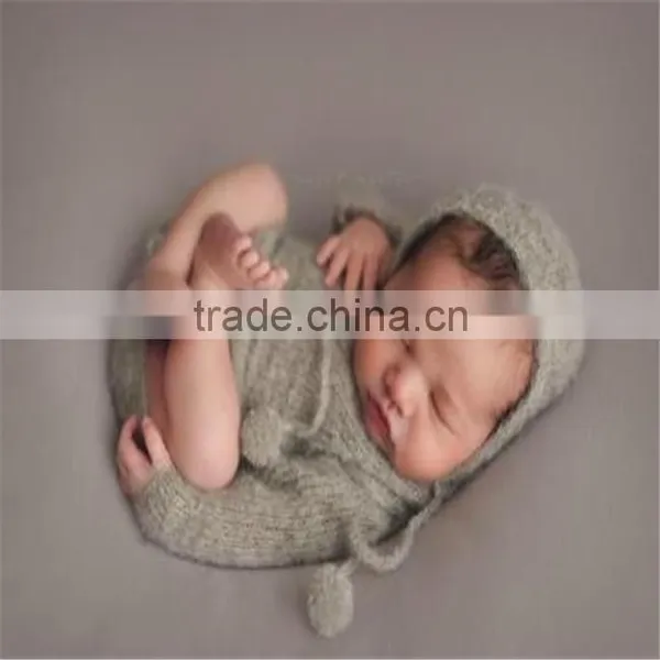 Newborn Knit Romper and Bonnet Sets Crochet Mohair Long Sleeve Hooded Romper Baby Girl Overall Newborn Onesie Photography Props photo-3