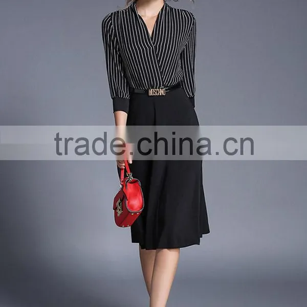 Fashion Women V Neck Vertical Stripes Office Dress Korean OL Belted Midi Dress photo-6