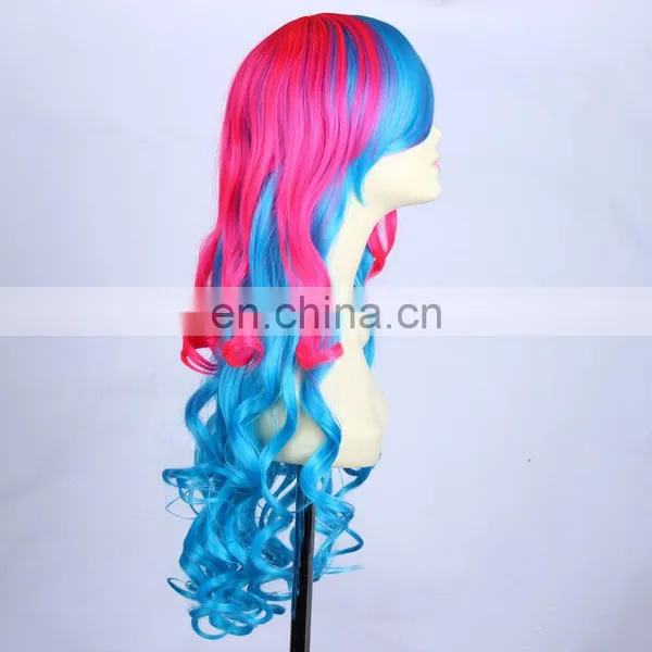 NEW Long Pink Blue Mix Cosplay Curly Wig for Women photo-3