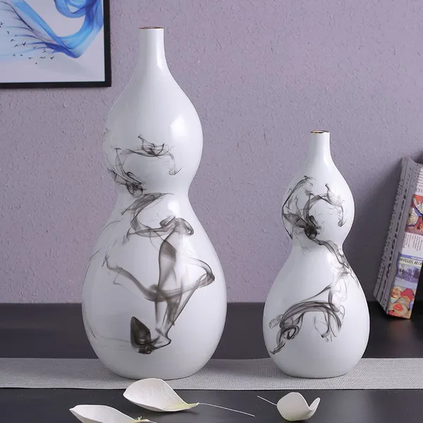 Jingdezhen Zen Chinese Ink Painting White Gourd Vase For Showroom Tea Table photo-3