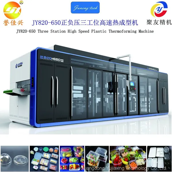 JY820-650 Термоформирующая машина для производства крышек ланчбоксов на тарелках для посуды высокой скорости с тремя станциями