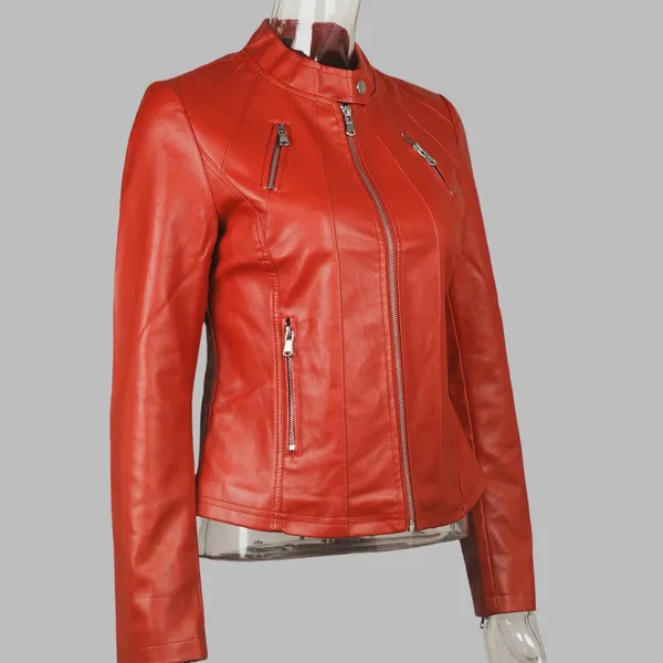 2025 New Autumn Slim Fit Women's Standing Collar Slim Fit Jacket European and American Leather Jacket Women's Custom Printing photo-2