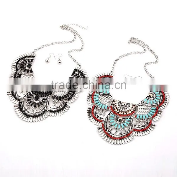 2016 Hot Sale Personality Silver Plated Geometric Pendant Multilayer Tassel Big Jewelry Set photo-5