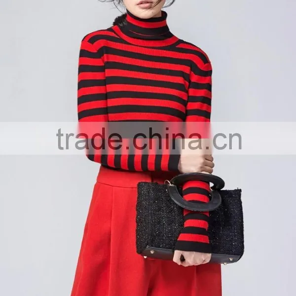 JS--11016B Have Three Colors In-stock Turtle Neck Striped Women Knit Sweater photo-2