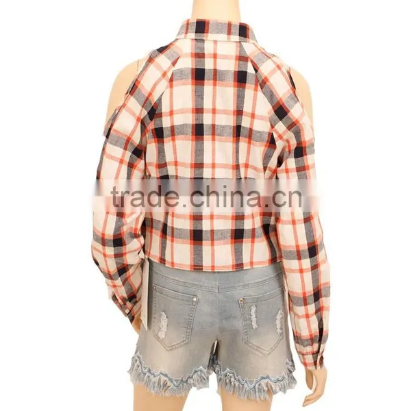 Cold Shoulder Women Plaid Shirt Long Sleeve Fashion Blouses 2015 photo-4