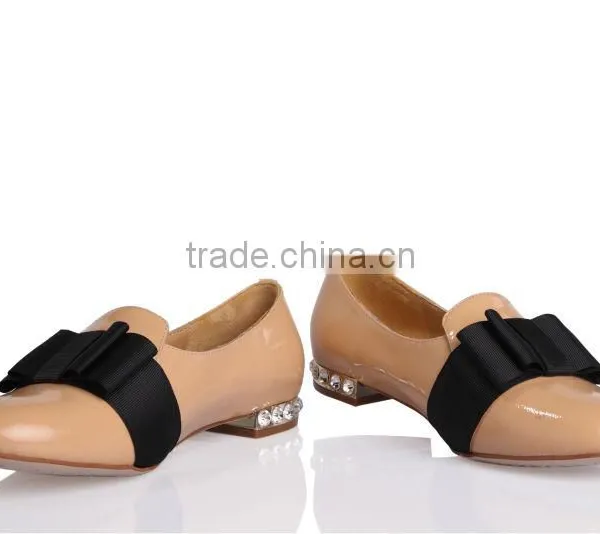 Genuine Leather Apricot Women Flat Bowknot Shoes Heels With Diamond photo-3