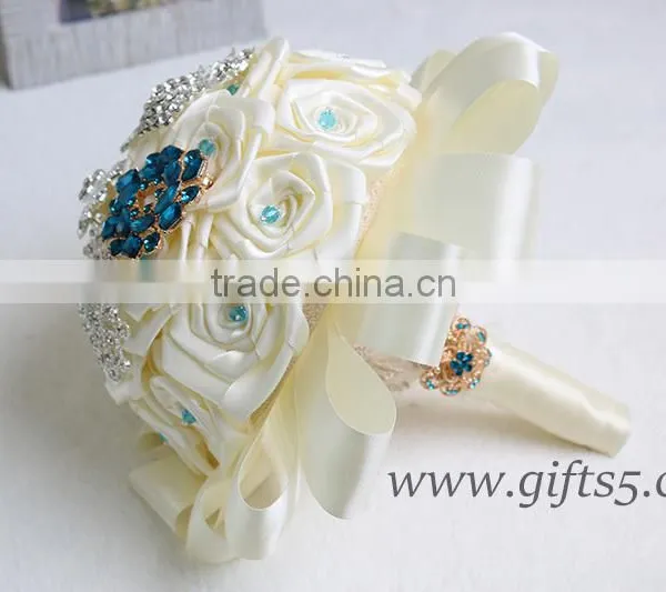 Customized Handmade Wedding Bouquets With Gorgeous Blue/ Silver Brooch photo-2