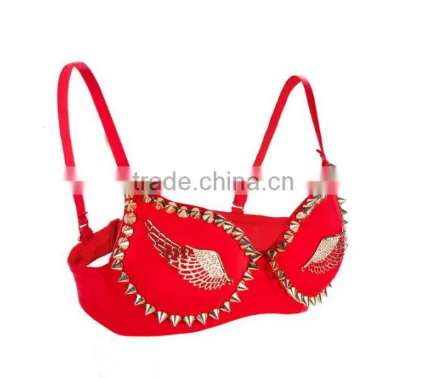 Gold Stud Rivet Spike /Wings Red Steampunk Bralette Top Sexy Club Bra Push Up Exotic Bras For Women Underwear Dancewear Lingerie photo-4