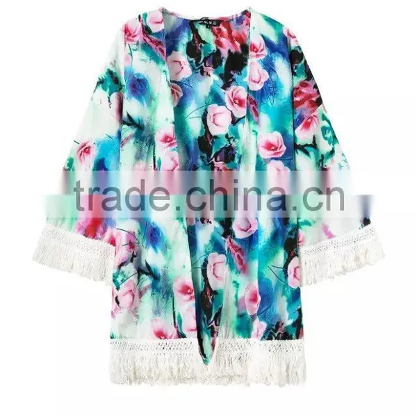 Women Shirt Summer Long Sleeve Tassel Kimono Print Floral for Female S6310010