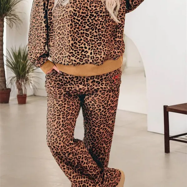 Brown Leopard High-Low Loose Tee Ankle Length Pants Set Dark Brown Braided V Neck Long Sleeve Loose Top and Drawstring High Waist Pants 2pcs Outfit photo-3