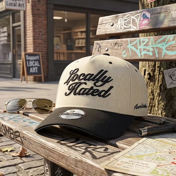 Rebellious Streetwear Vibe Locally Hated 3D Puff Script Embroidery Oatmeal Black 5 Panel Hat