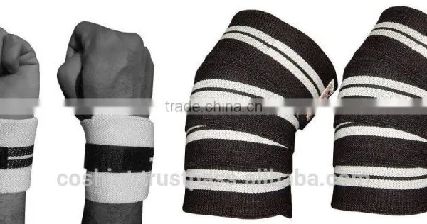 White Strip With Black Groud Knee Wraps Ci-2506-11, Weight Lifting Lifter Knee Wraps,