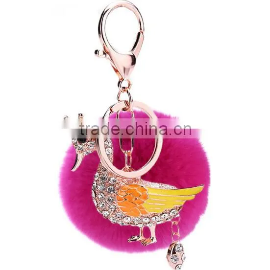 Hot Selling Rhinestone Swan Keychain With Pink Rabbit Fur Ball photo-2