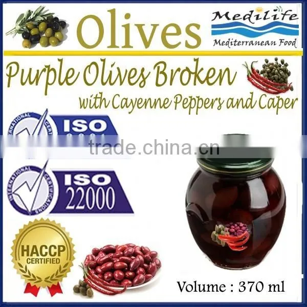 High Quality 100% Tunisian Table Olives,Purple Olives Broken With Cayenne Peppers and Capers, Purple Olives 370 ml Glass Jar