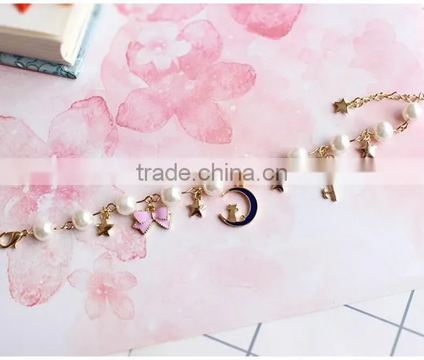 Gold Cat Moon Star Enamel Bowknot Heart Shape Key Charms Bracelet Pearl Bead Linked Bracelet photo-3