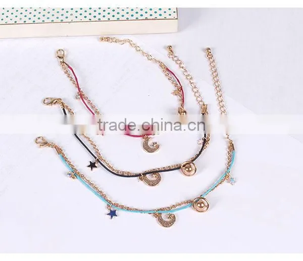 Star Moon Planet Tiny Rhinestone Charms Bracelet Double Layer Cotton Cord Gold Chain Bracelet photo-3