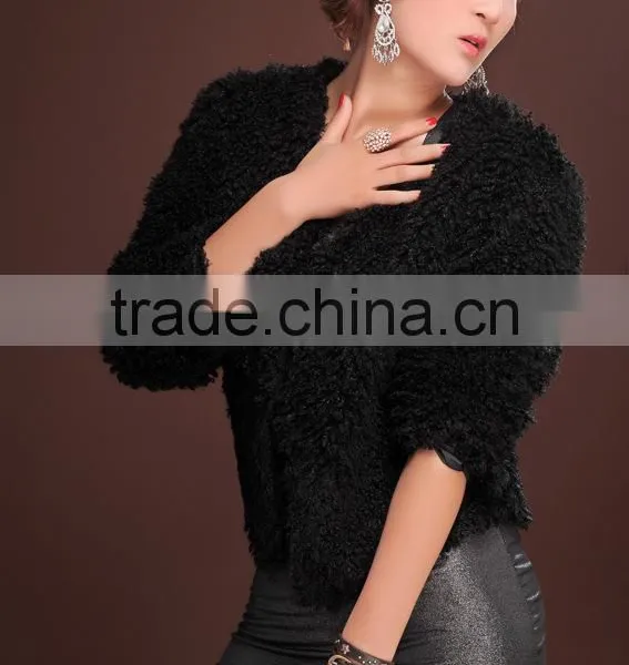Promotion Price Black Woman Faux Fur Short Coat Lady Curly Sheep Fur Jackets photo-3
