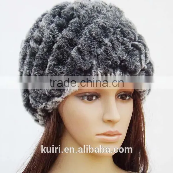 Rex Rabbit Fur Hats Fur Striped Knitted Cap for Women Genuine Rabbit Fur Hat Cap Winter Warms Hats photo-6