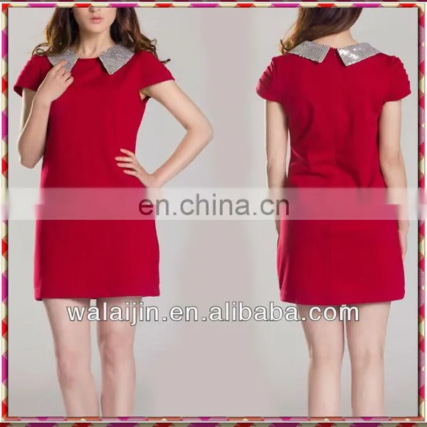 Sequin Collar Cap Sleeve Ladies Red Dress