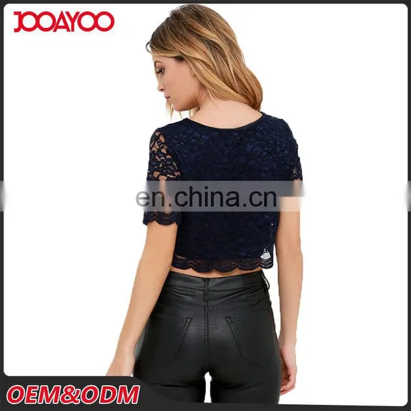 Custom Design Round Neck Navy Blue Floral Ladies Tops Short Sleeve Lace Ladies Sexy Crop Top photo-3