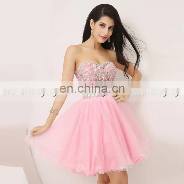 Best Selling Sweetheart Sleeveless Pink Tulle Short Party Dress Crystal Cocktail Dresses photo-4