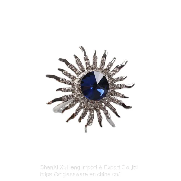 Sparkling Blue Artificial Crystal Diamond Sun Flower Rhinestones Napkin Rings Holders photo-5