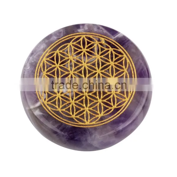 Wholesale Semi-precious Amethyst Stone Engraved Flower of Life Round Palm Stone Quality Choice photo-4