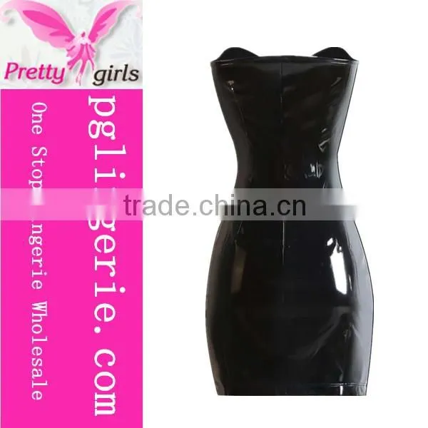 New Arrival Wet Look Strapless Bodycon Dress Faux Leather Black Lingerie Catsuit photo-4