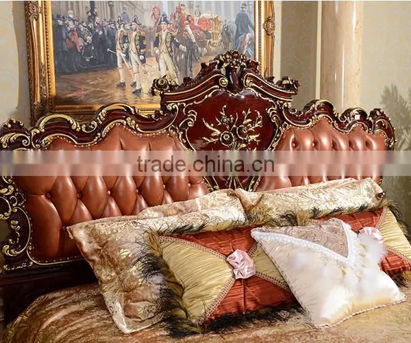 European Royal Brown Wooden Hand Carved Bed With Leather Headboard(MOQ=1 SET) photo-5