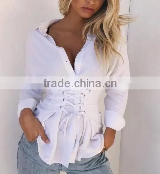 Runwaylover 129 Hot Sale 2017 Ladies Fashion Pure Color Blouse With Bandages photo-2