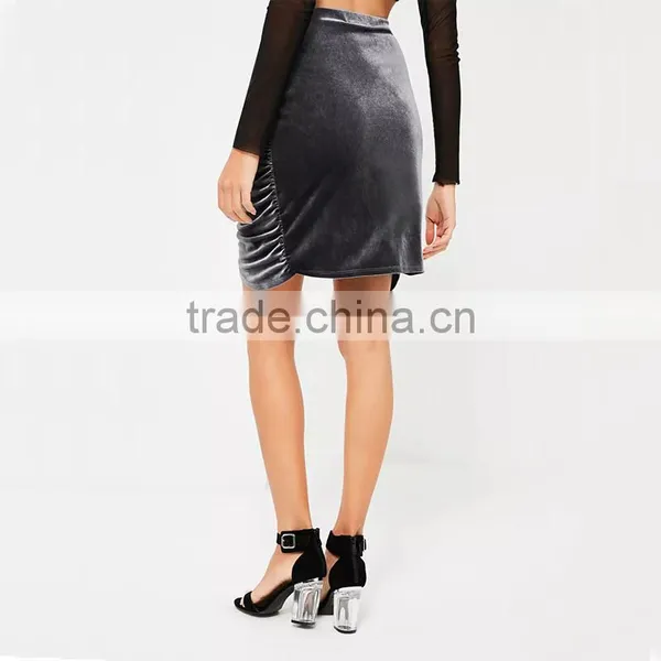 2017 New Fashion Ladies Soft Mini Sexy Grey Tie Side Wrap Velvet Skirt photo-4