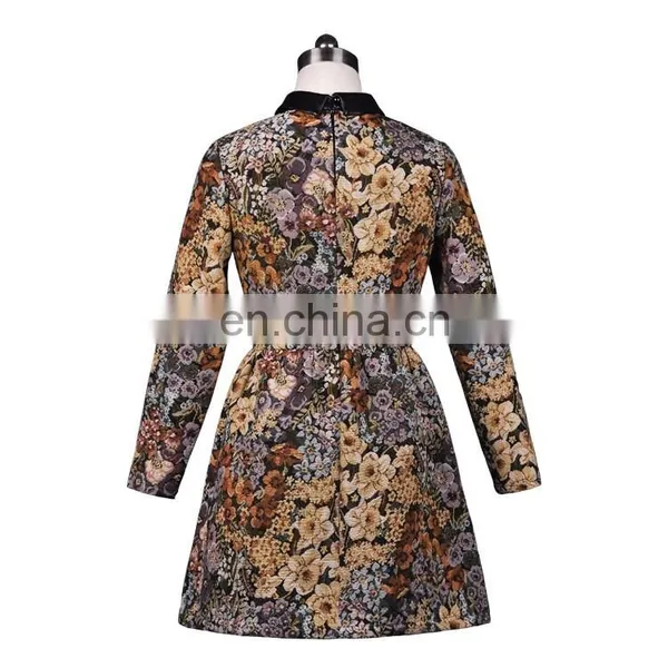 China Wholesale Latest Designs Leather Collar Long Sleeve Floral Print Dress photo-2