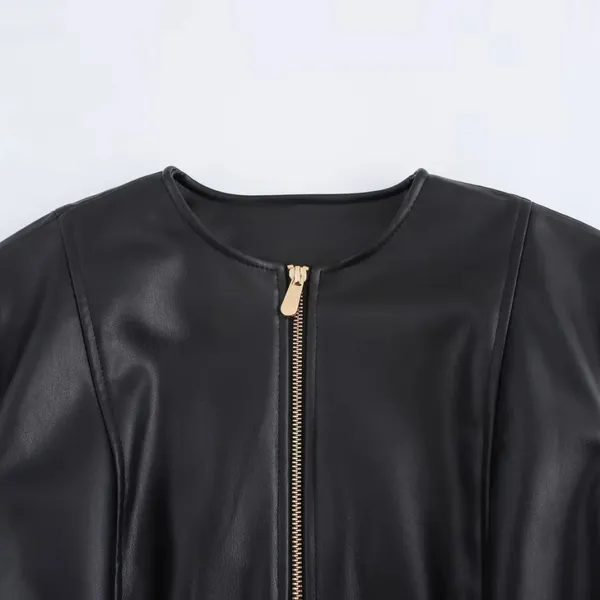European and American Style Spring New Short Skirt Style Hem With Waist Cinching Imitation PU Leather Jacket Jacket for Women photo-3