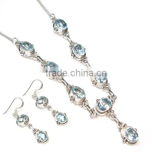 925 Sterling Silver Jewelry Wholesale Blue Stone Necklace Jewelry Sets Blue Topaz Jewelry Indian Jewelry