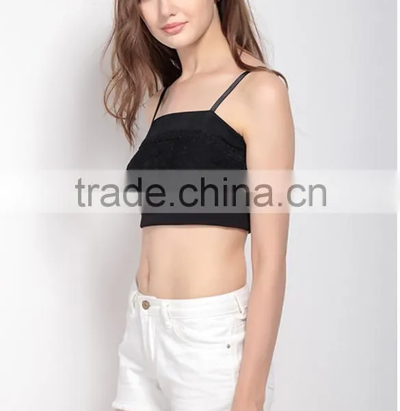 Plain Dye Custom Black Sun-top Lace Crop Top for Ladies