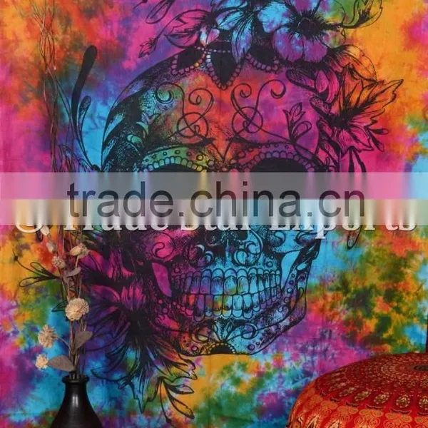 Hippie Twin Skull Tie & Dye Wall Art Boho Cotton Wall Hanging Home Decor Tapestry photo-5