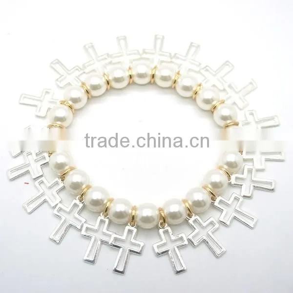 Handmade Bracelet Chain With 8 mm White Glass Beads and Hollow-out Cross photo-3