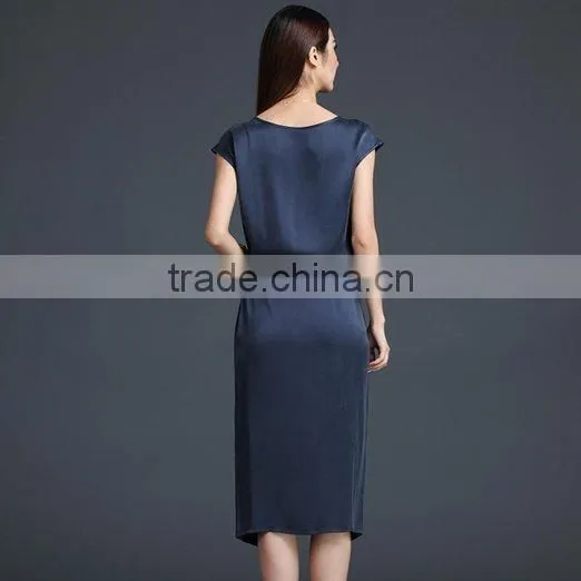 Women's Navy Short Sleeve Shift With Sash Neck Short Sleeve Slim Silk Midi Dress photo-4