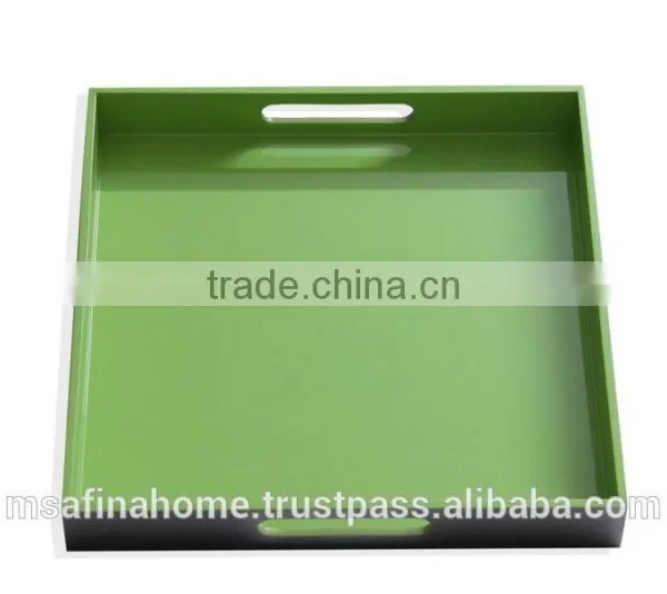 Set of 2 Square Green Colored Lacquer Serving Trays photo-2
