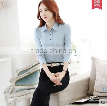 2016 New Style Women Fashion Long Sleeve Blue Shirt Ladies Office Formal White Shirt photo-2