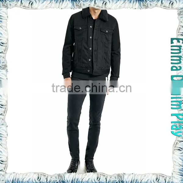 Medium Wash Fur Collar Black Denim Mens Short Jackets photo-3