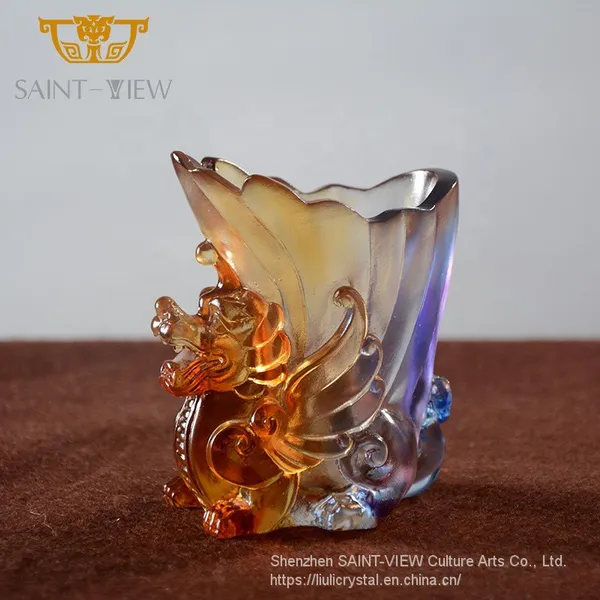 Liuli Crystal Glass Fish Lotus Office Feng Shui Decorative Pen Holder photo-3