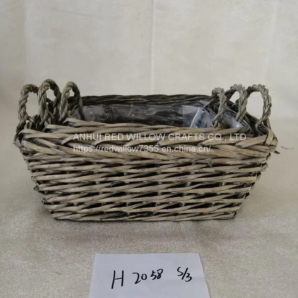 Grey Painted Willow Basket Of Different Shape With Ears And Clear Foil Inside photo-2
