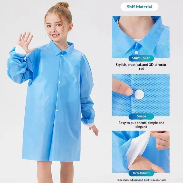 Disposable Children's Lab Coat Non-Woven Isolation Gown Long Sleeves Protective Workwear White Made Non-Woven Fabric photo-4